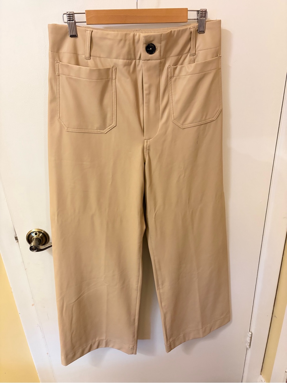 Faux Leather Womens Wide-Leg Crop Pants in Beige